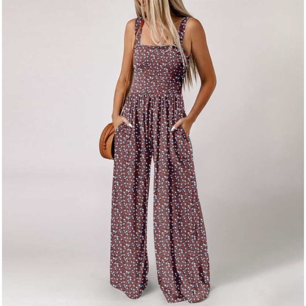 Dokotoo Brown Floral Smocked Wide Leg Jumpsuit Size Small NWT